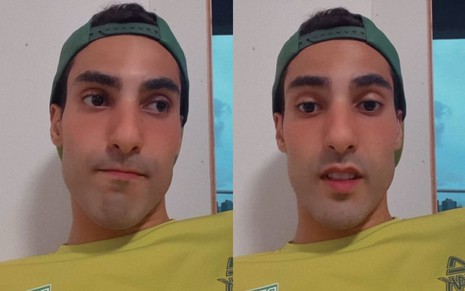 Montagem com o atleta Douglas Souza em vídeo publicado nas redes sociais; atleta está de boné verde virado e camiseta amarela