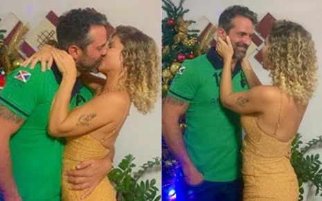 Montagem com imagens de Iran Malfitano (à esq.) e Bárbara Borges trocando beijos e carinhos