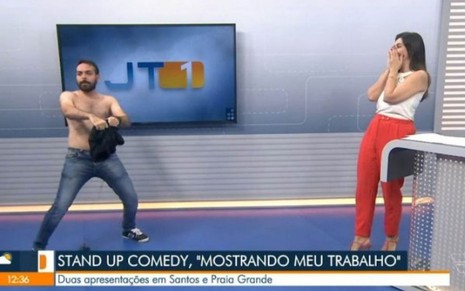 Ítalo Sena, à esquerda, dançando sem camiseta e Tatyane Jorge, à direita, rindo da situação