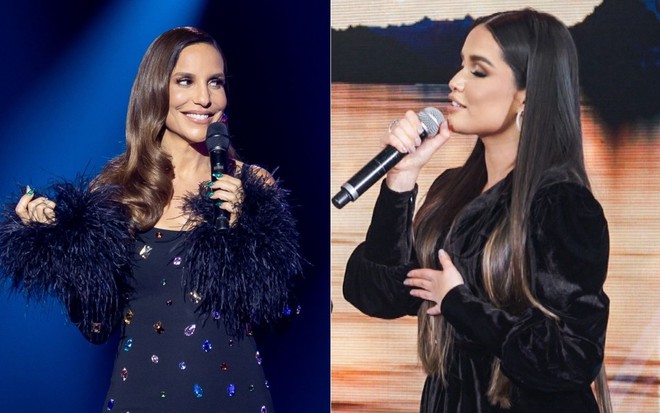 Ivete Sangalo veste roupa preta com pedras coloridas e mangas com plumas; Juliette canta de olhos fechados