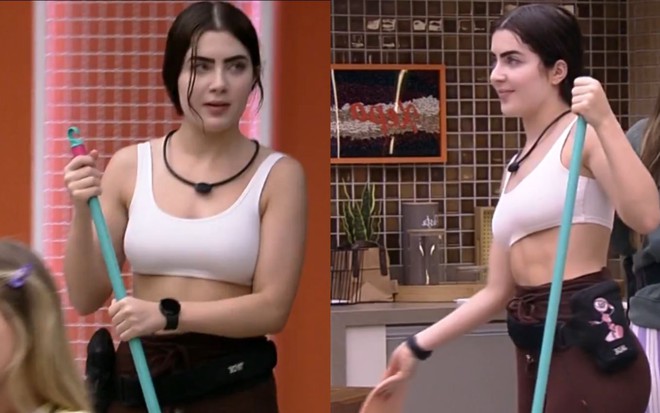 Duas imagens de Jade Picon varrendo a cozinha do BBB 22; ela está de top branco e calça vermelha