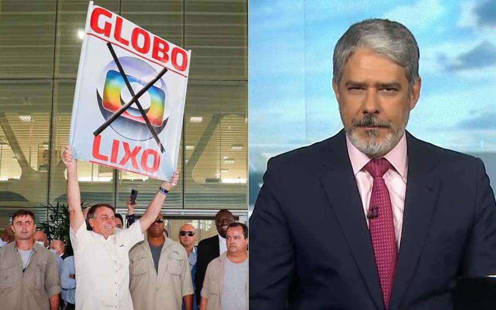 Montagem de fotos com Jair Bolsonaro mostrando cartaz 'Globo lixo', e William Bonner no comando do Jornal Nacional