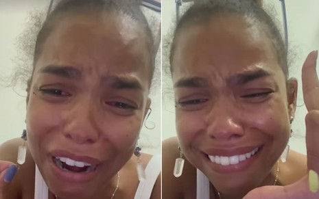 A atriz Jeniffer Nascimento em seus stories no Instagram; na montagem, ela está chorando enquanto conversa com os seguidores e na segunda foto chora enquanto faz um "L" com a mão