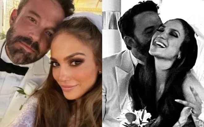 Montagem com cenas do casamento de Jennifer Lopez e Ben Affleck