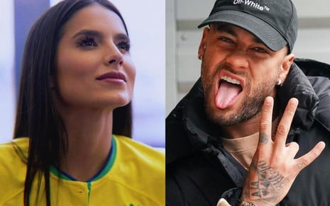 Montagem com uma foto de Jéssica Turini e outra de Neymar; ele usa um agasalho preto e mostra a língua para a câmera; ela, séria, veste a camisa da Seleção Brasileira com um autógrafo do jogador