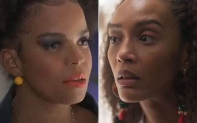 As atrizes Jeniffer Nascimento e Taís Araujo como Jéssica e Anita em Cara e Coragem; na montagem, elas estão olhando cada uma para um lado com cara de apreensivas