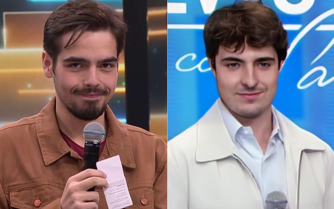 Montagem de fotos com João Guilherme Silva e João Augusto Liberato; ambos estão sérios e seguram microfone
