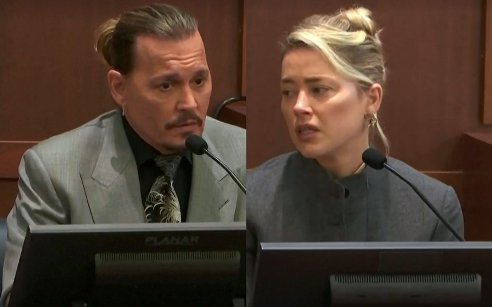 Johnny Depp e Amber Heard no tribunal durante processo que abriram um contra o outro