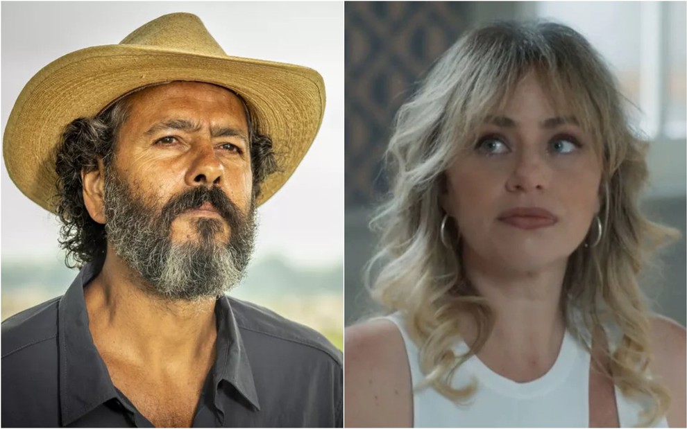 Montagem com fotos dos atores Marcos Palmeira e Karine Teles em cenas de Pantanal, ambos com expressões sérias