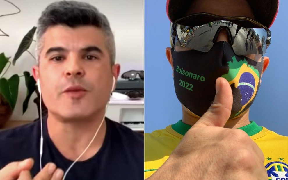 Montagem de fotos com o jornalista e repórter Guga Noblat no programa Pânico, da Jovem Pan (à esquerda) e em selfie vestido com máscara a favor de Jair Bolsonaro e camiseta da CBF (à direita)
