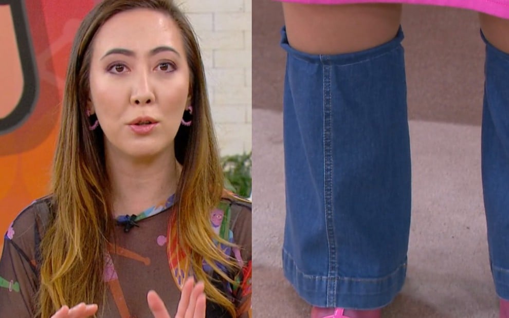 Na montagem: Juliane Massaoka (à esquerda) e pernas de Juliane, com um pedaço de calça jeans cobrindo uma bota rosa (à direita)