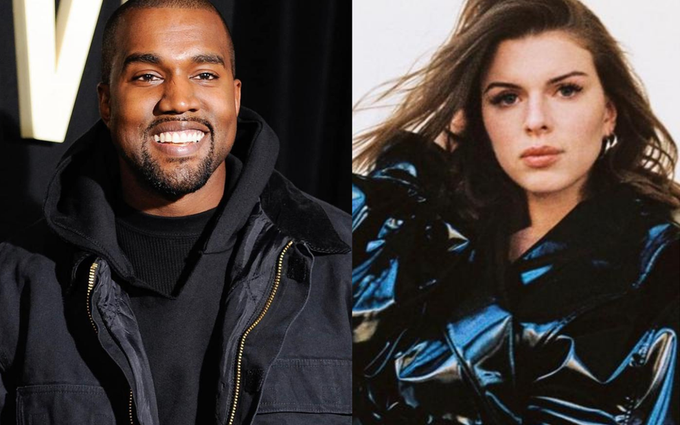 À esq., Kanye West usa uma camiseta e um casaco preto; à dir., Julia usa um vestido de couro preto