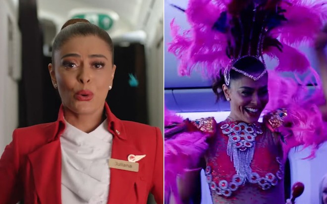 Montagem com a atriz Juliana Paes como comissária à direita e como passista de escola de samba à esquerda