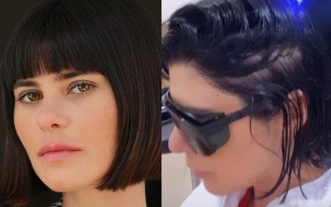 Julianne Trevisol em selfie, no Instagram (à esquerda) e de óculos, em clínica de tratamento (à direita)