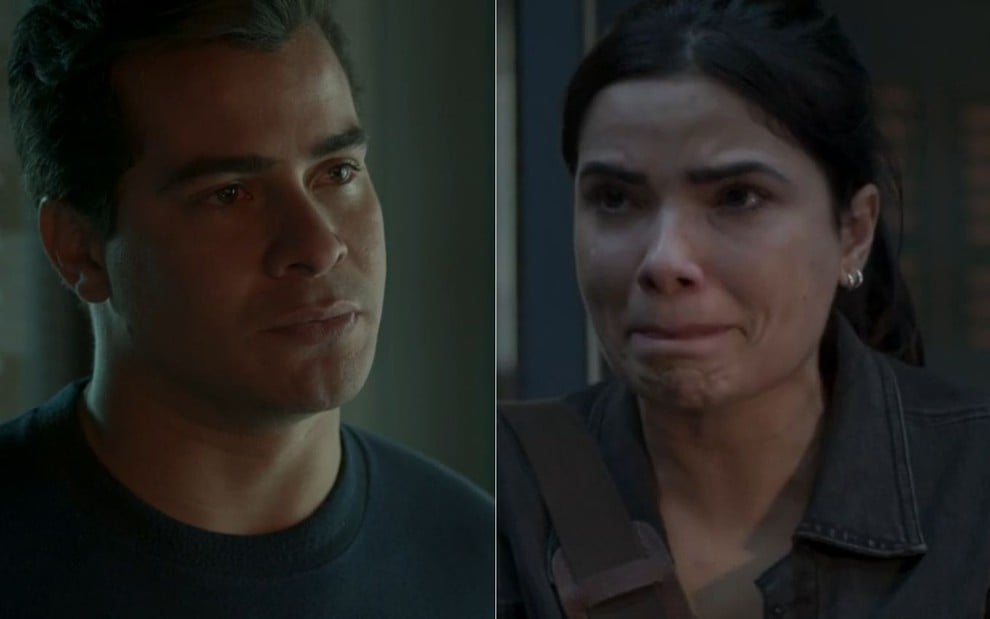 Montagem dos personagens Júlio (Thiago Martins) e Antônia (Vanessa Giácomo) em cenas de Pega Pega; ambos com expressão de choro