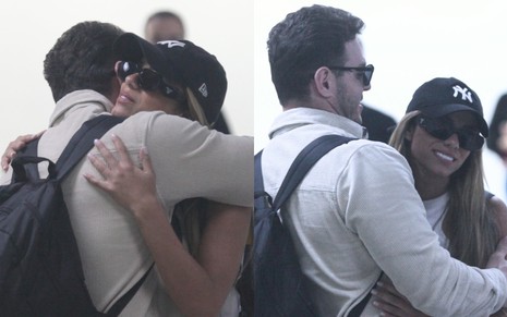 Key Alves e Gustavo Benedeti se abraçam em aeroporto no Rio de Janeiro