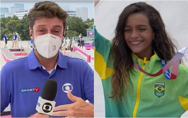 Kiko veste camiseta azul, está com máscara branca no rosto e segura um microfone; Rayssa veste blusa verde, está com um braço levantado e está com uma medalha no pescoço