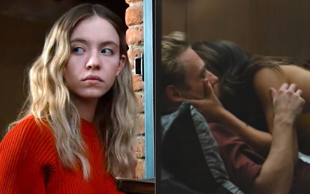 Montagem de fotos com Sydney Sweeney e casal em cena de sexo no filme The Voyeurs, do Prime Video