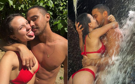 Larissa Manoela e André Luiz Frambach abraçados e se beijando embaixo de uma cachoeira