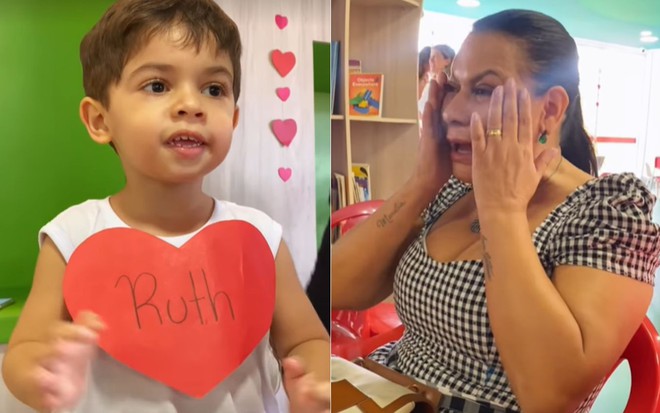 Montagem com foto de Leo segurando um coração escrito Ruth e Dona Ruth chorando