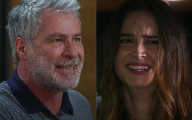 Montagem de fotos com Leopoldo Pacheco e Juliana Paiva em cenas como Hugo e Luna/Fiona em Salve-se Quem Puder