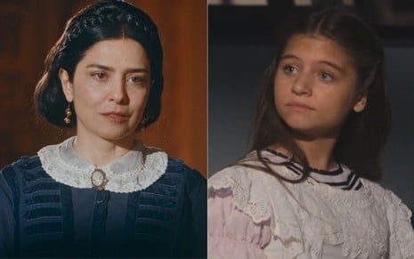 Montagem com as personagens Teresa Cristina (Leticia Sabatella) e Leopoldina (Melissa Nóbrega) em cena de Nos Tempos do Imperador