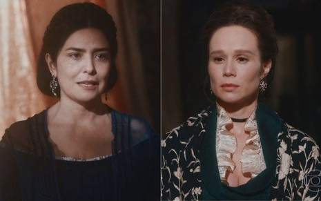 Montagem com as personagens Teresa Cristina (Leticia Sabatella) e Luísa (Mariana Ximenes) em cena de Nos Tempos do Imperador
