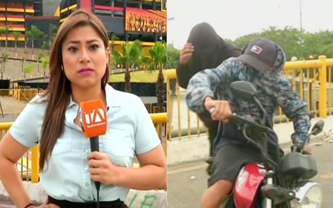 Imagem da repórter Vanessa Robles e de dois suspeitos que tentaram assaltá-la durante link ao vivo