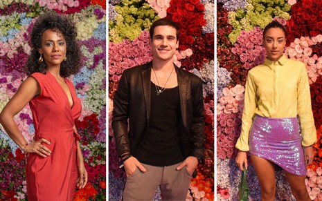 Montagem com fotos dos atores Naruna Costa, Nicolas Prattes e Yara Charry em um fundo de flores