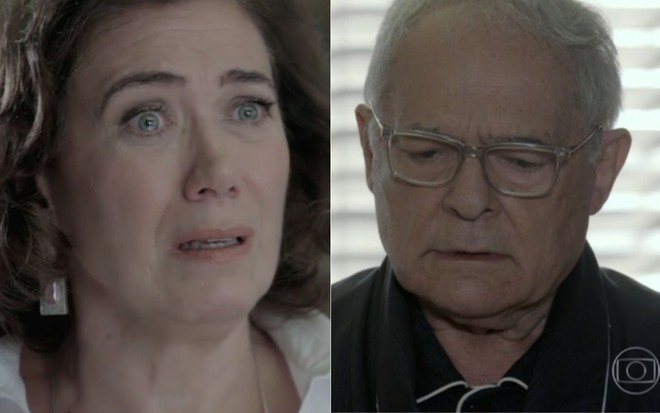 Montagem com os personagens Maria Marta (Lilia Cabral) e Silviano (Othon Bastos) em Império
