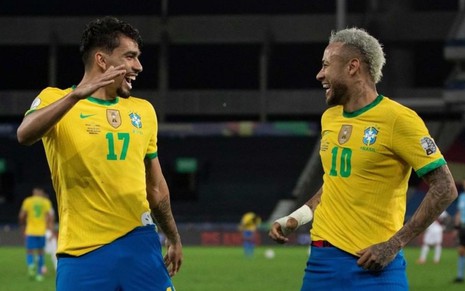 Imagem de Lucas Paquetá (à esq.) e Neymar durante jogo da Copa América