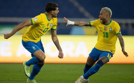 Imagem de Lucas Paquetá (à esq.) e Neymar durante jogo da Seleção Brasileira