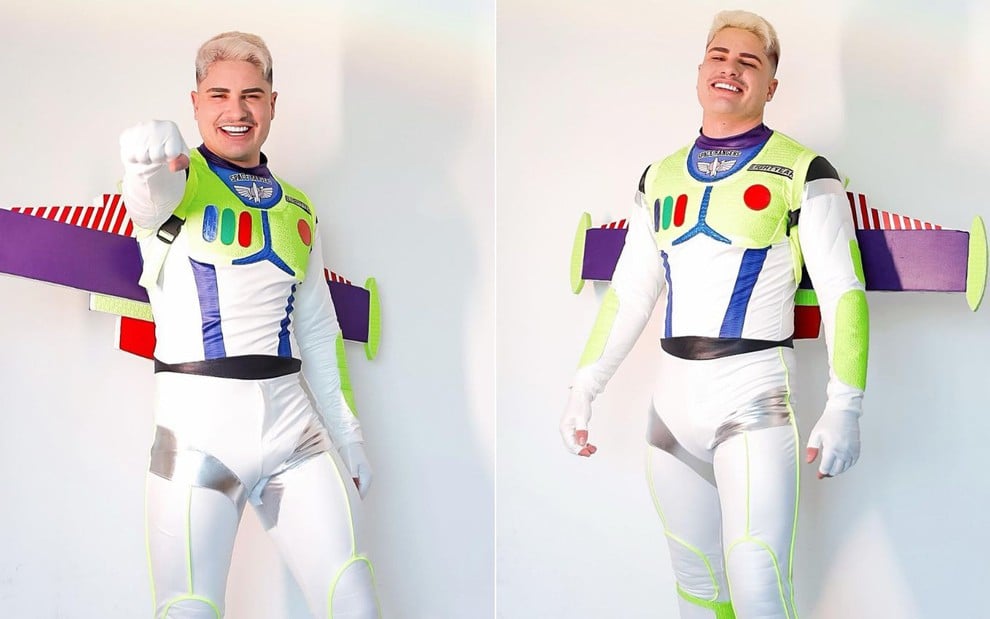 Montagem com duas fotos de Lucas Souza vestido com a fantasia de Buzz Lightyear