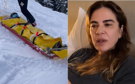 Montagem de fotos com resgate de Luciana Gimenez em uma estação de esqui em Aspen, nos Estados Unidos