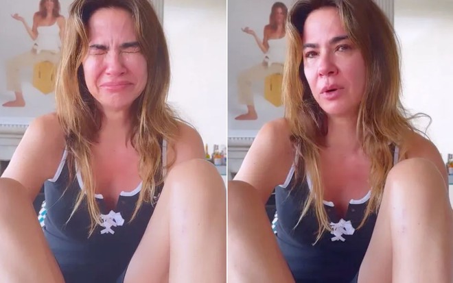 Montagem com duas fotos de  Luciana Gimenez chorando
