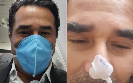 Montagem de fotos com Luciano Szafir de máscara  antes de ser internado e em vídeo gravado no hospital