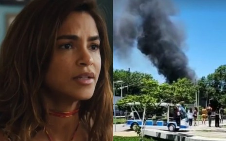 Na montagem: Lucy Alves em Travessia (à esquerda); e incêndio na Globo (à direita)