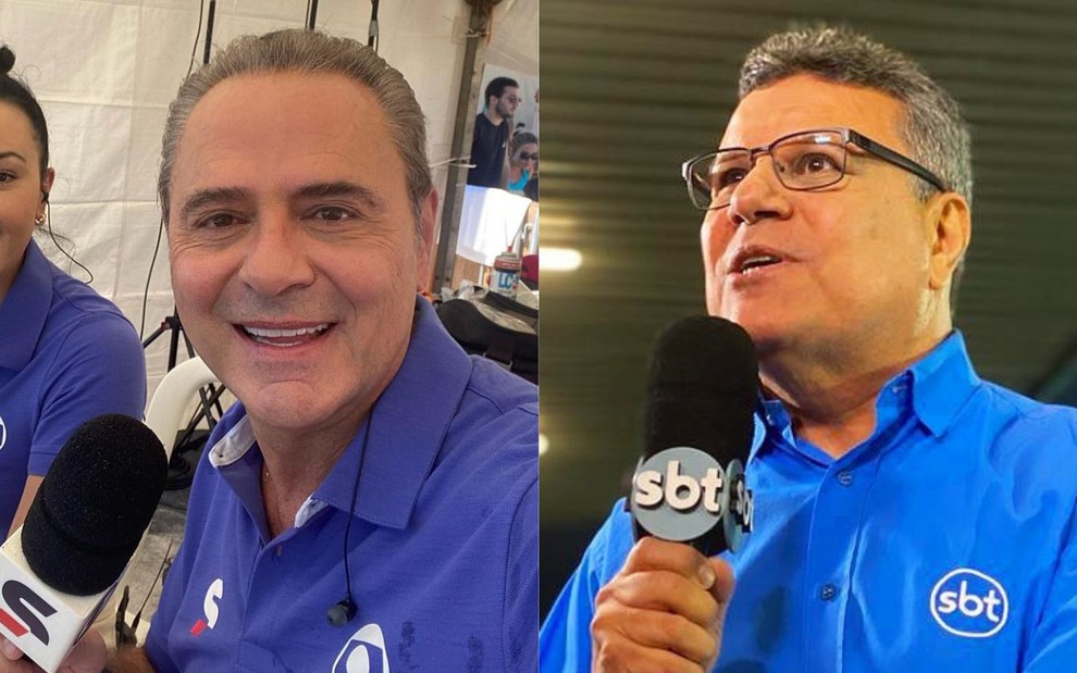 Luís Roberto com uma blusa azul e Téo José nos estúdios do SBT