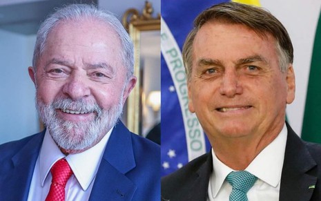 Lula com uma camisa azul e gravata vermelha; Bolsonaro com um terno preto e gravata azul