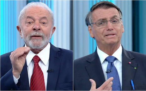 Montagem com Lula à esquerda e Bolsonaro à direita no debate da Globo