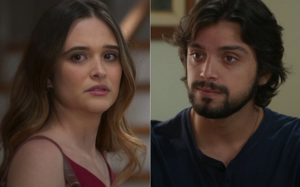 Montagem com a atriz Juliana Paiva e o ator Rodrigo Simas em cena como Luna/Fiona e Alejandro de Salve-se Quem Puder, novela da Globo