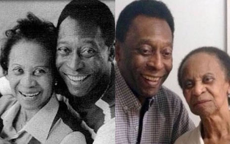 Montagem com duas fotos de Pelé e dona Celeste: em uma, preto-e-branca, Pelé abraça a mãe por trás e os dois sorriem; na outra, já mais velhos, eles encaram a câmera, sérios