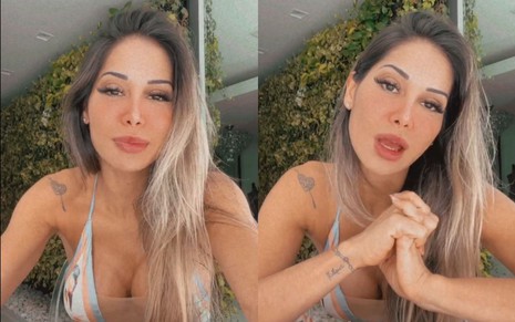 Uma montagem com duas reproduções de Maíra Cardi em um vídeo publicado no Instagram. Ela usa vestido florido e está com semblante sério