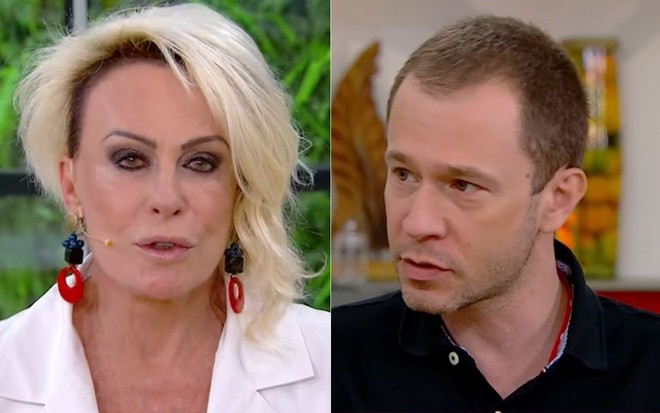 Montagem com imagens de Ana Maria Braga (à esq.) e Tiago Leifert no Mais Você