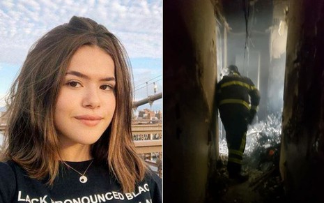 Montagem com Maisa Silva à esquerda e apartamento após incêndio à direita