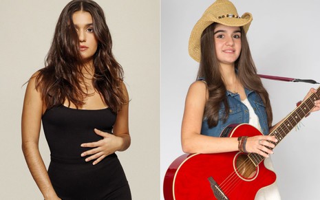 Montagem com fotos de Maitê Padilha atualmente, fazendo carão com um vestido pretinho básico, e como Gaby Estrella, com chapéu country e violão vermelho