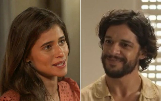 Os atores Isadora Cruz e Pedro Lamin como Candoca e Maruan em Mar do Sertão; na montagem, eles estão olhando para o mesmo lado, enquanto ela está com a boca semiaberta conservando e ele observa alguém com um sorriso no rosto