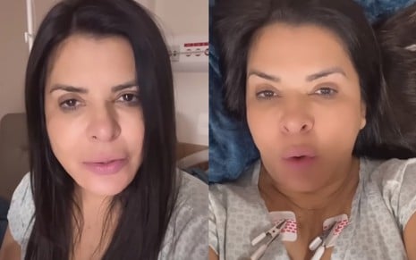 Na montagem, Mara Maravilha discursa sobre seu estado de saúde em um vídeo no YouTube