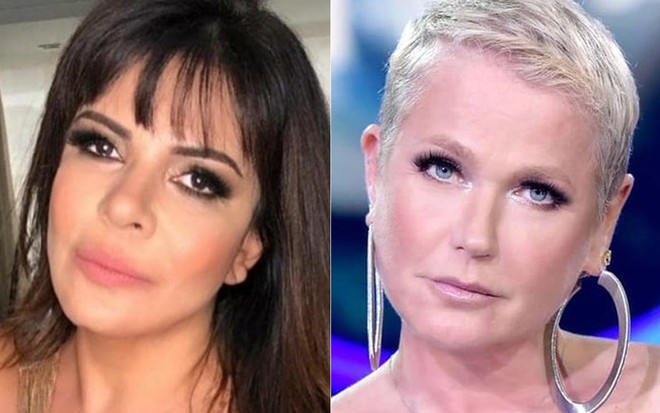 Mara Maravilha em selfie de franja e com maquiagem escura nos olhos; Xuxa de brincos de argola e cabelo curto