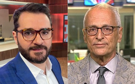 Marcelo Cosme de óculos, barba e terno azul; Jorge Pontual, cabelo branco, óculos e terno cinza